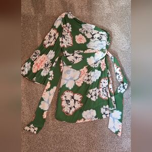 Green Floral One-Shoulder Wrap Top